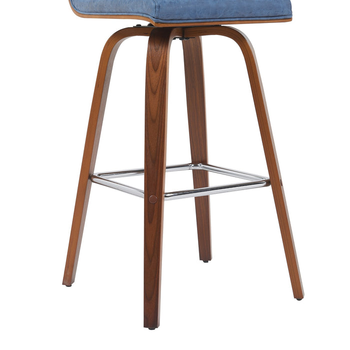 Vienna Modern Swivel Bar Height Stool with Vintage Blue Upholstered Seat and Walnut Finished Wood Frame