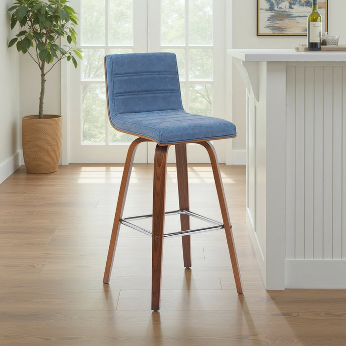 Vienna Modern Swivel Bar Height Stool with Vintage Blue Upholstered Seat and Walnut Finished Wood Frame