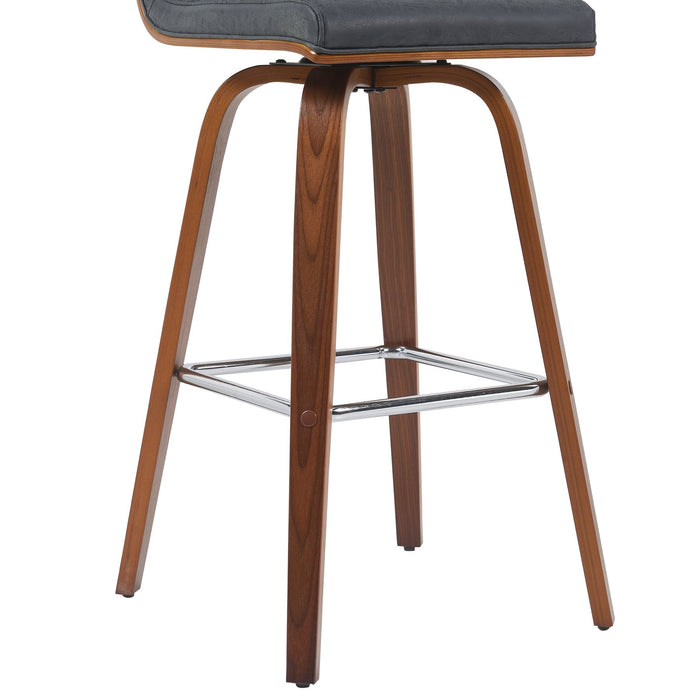 Vienna Modern Swivel Bar Height Stool with Vintage Black Upholstered Seat and Walnut Finished Wood Frame