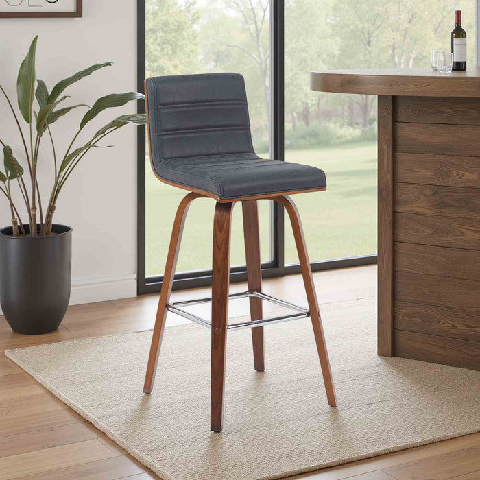 Vienna Modern Swivel Bar Height Stool with Vintage Black Upholstered Seat and Walnut Finished Wood Frame