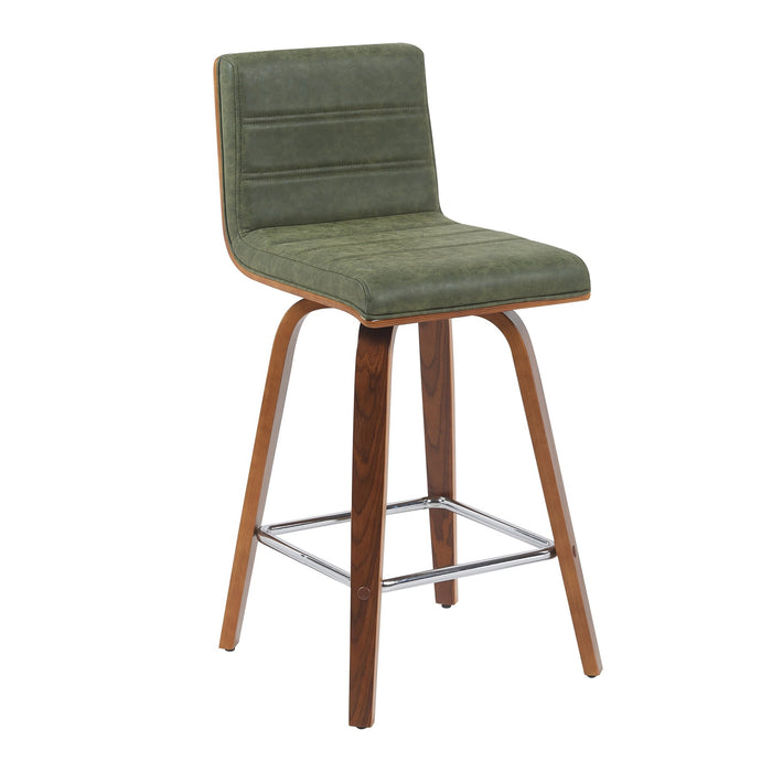 Vienna Modern Counter Height Swivel Bar Stool with Vintage Green Upholstered Seat and Walnut Finished Wood Frame