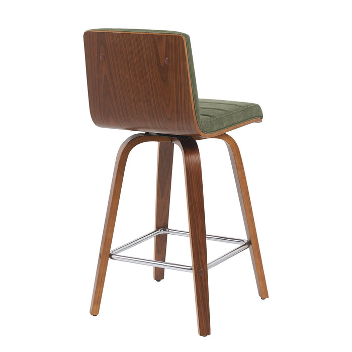 Vienna Modern Counter Height Swivel Bar Stool with Vintage Green Upholstered Seat and Walnut Finished Wood Frame