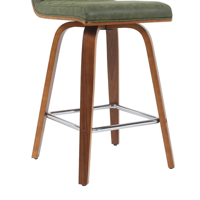 Vienna Modern Counter Height Swivel Bar Stool with Vintage Green Upholstered Seat and Walnut Finished Wood Frame