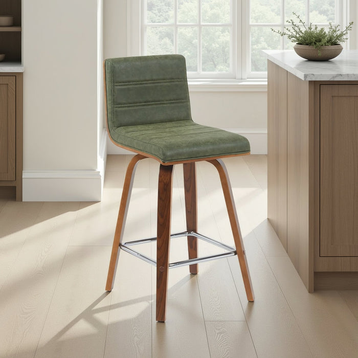Vienna Modern Counter Height Swivel Bar Stool with Vintage Green Upholstered Seat and Walnut Finished Wood Frame