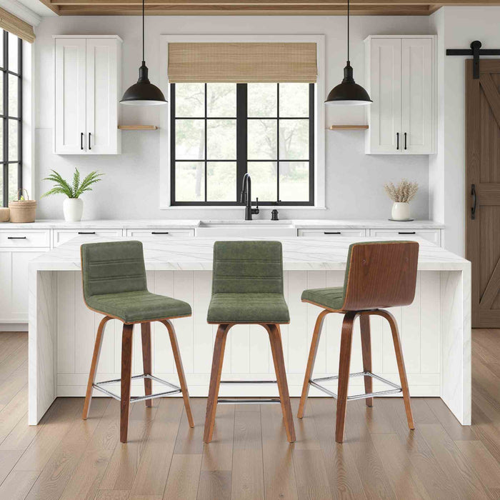 Vienna Modern Counter Height Swivel Bar Stool with Vintage Green Upholstered Seat and Walnut Finished Wood Frame