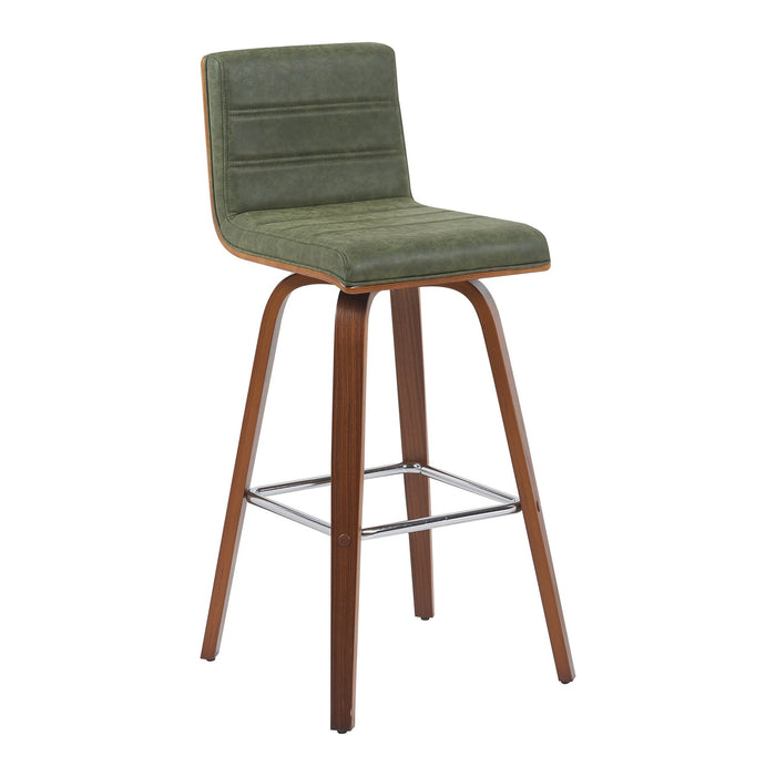 Vienna Modern Swivel Bar Height Stool with Vintage Green Upholstered Seat and Walnut Finished Wood Frame