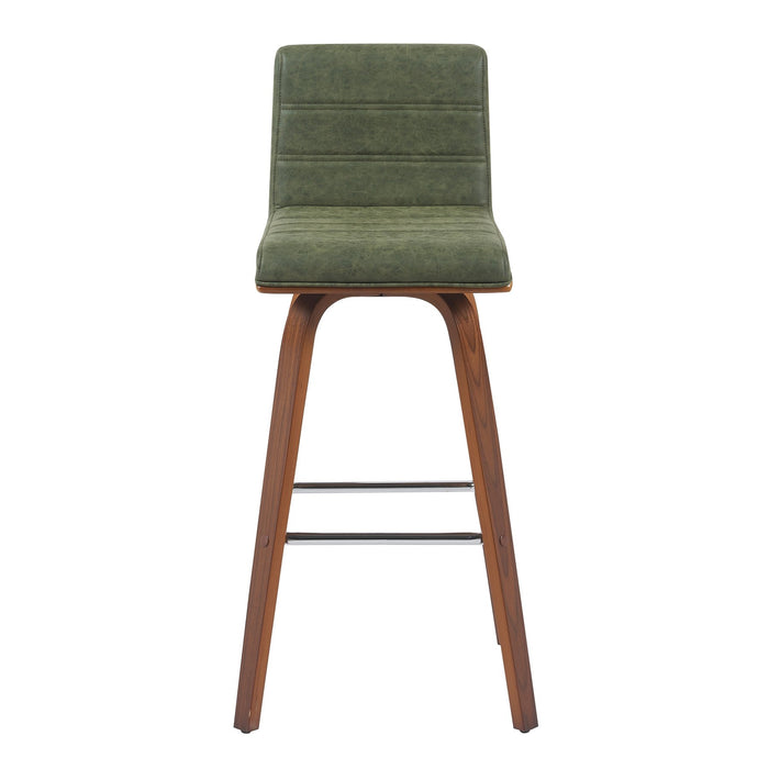 Vienna Modern Swivel Bar Height Stool with Vintage Green Upholstered Seat and Walnut Finished Wood Frame
