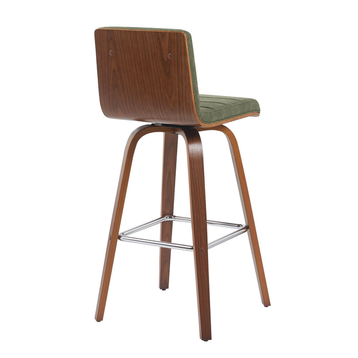 Vienna Modern Swivel Bar Height Stool with Vintage Green Upholstered Seat and Walnut Finished Wood Frame