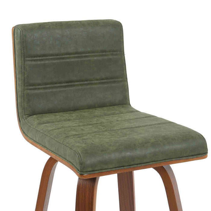 Vienna Modern Swivel Bar Height Stool with Vintage Green Upholstered Seat and Walnut Finished Wood Frame