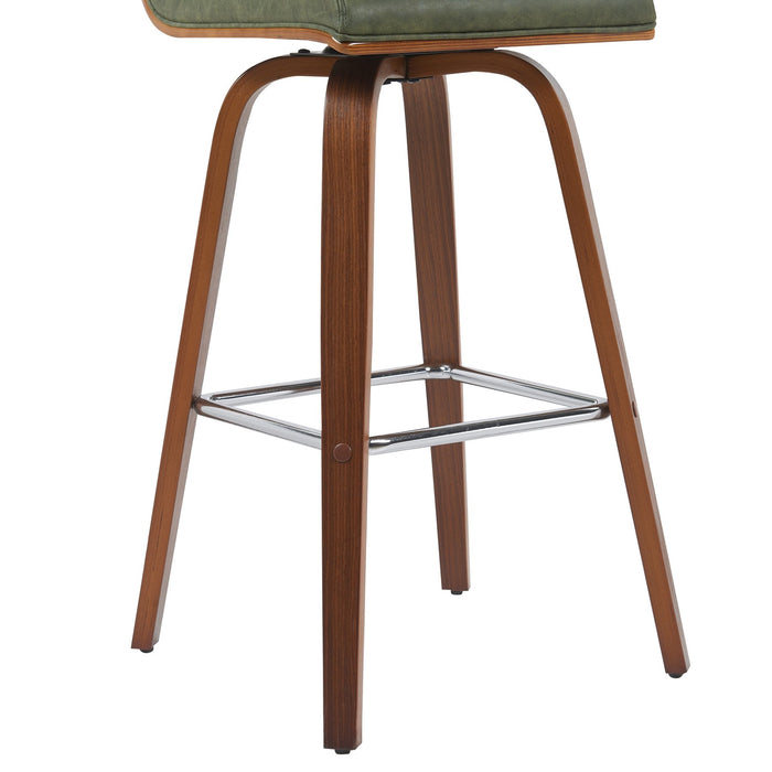 Vienna Modern Swivel Bar Height Stool with Vintage Green Upholstered Seat and Walnut Finished Wood Frame