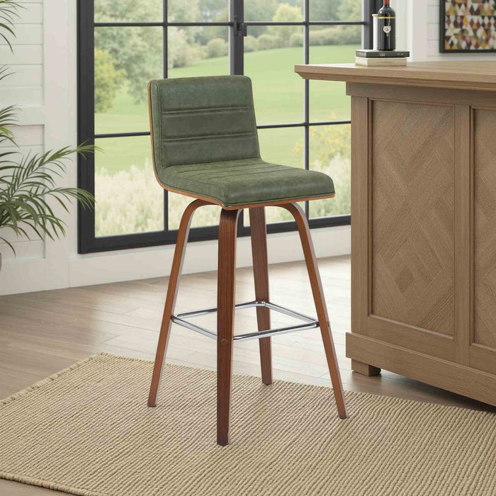Vienna Modern Swivel Bar Height Stool with Vintage Green Upholstered Seat and Walnut Finished Wood Frame