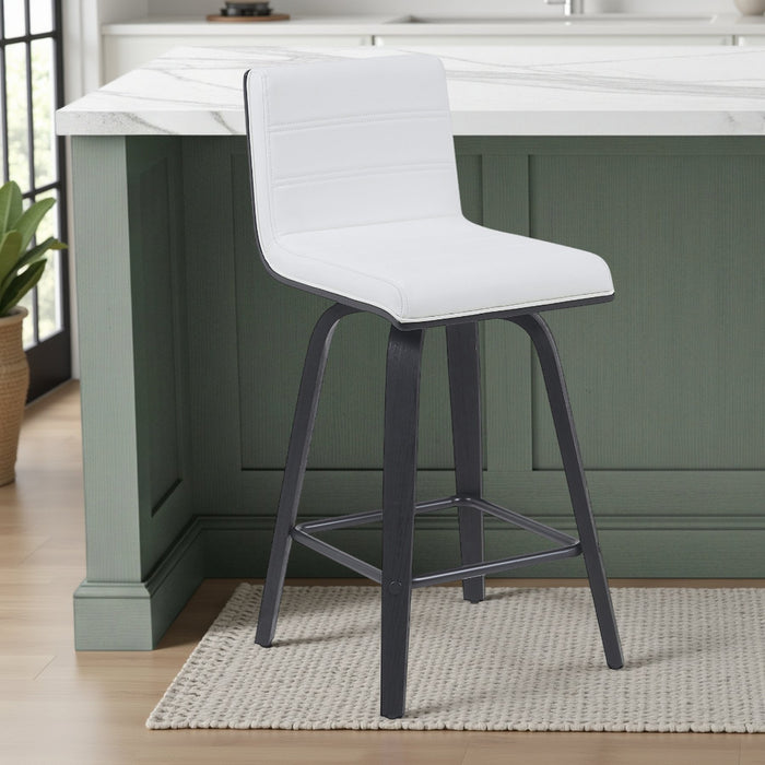 Vienna Modern Counter Height Swivel Bar Stool with Snow White Faux Leather Seat and Black Brushed Wood Frame