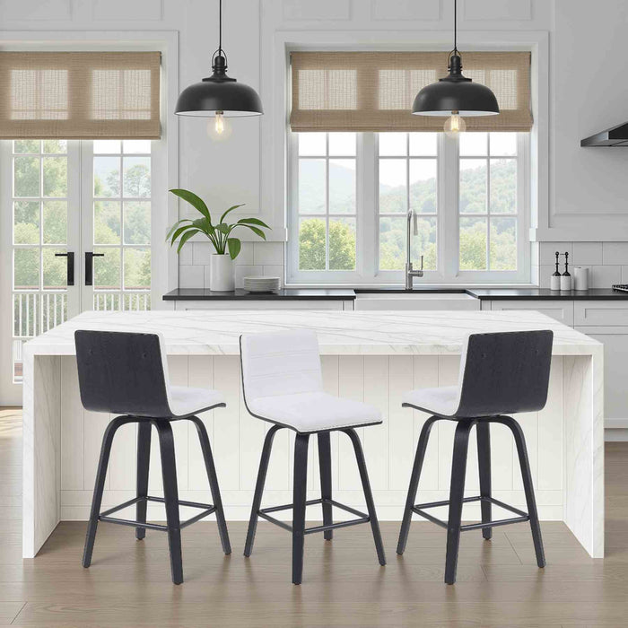 Vienna Modern Counter Height Swivel Bar Stool with Snow White Faux Leather Seat and Black Brushed Wood Frame