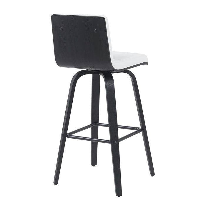 Vienna Modern Swivel Bar Height Stool with Snow White Faux Leather Seat and Black Brushed Wood Frame