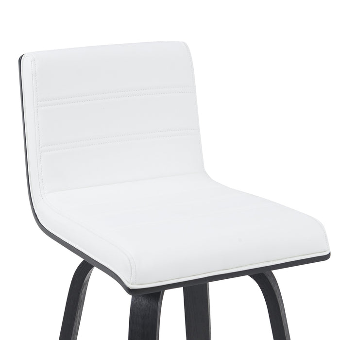 Vienna Modern Swivel Bar Height Stool with Snow White Faux Leather Seat and Black Brushed Wood Frame