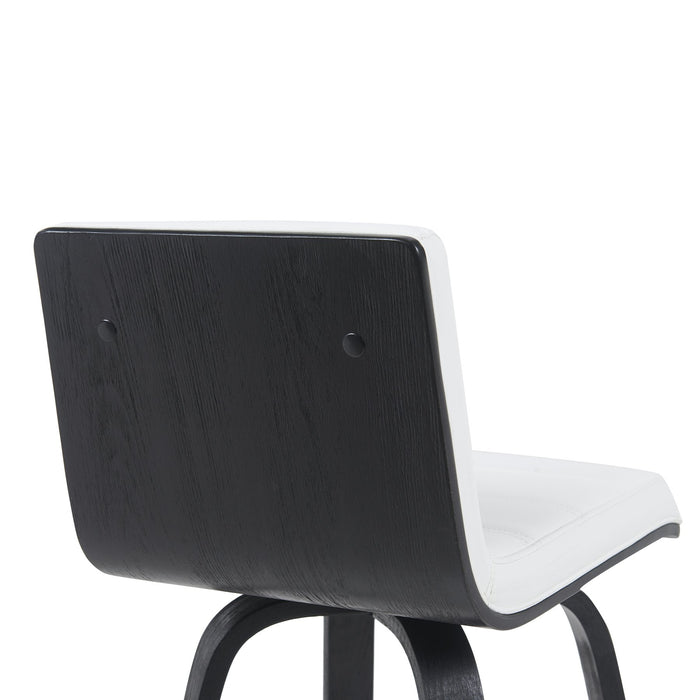 Vienna Modern Swivel Bar Height Stool with Snow White Faux Leather Seat and Black Brushed Wood Frame