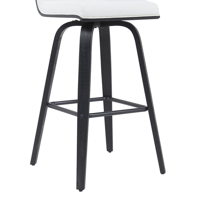 Vienna Modern Swivel Bar Height Stool with Snow White Faux Leather Seat and Black Brushed Wood Frame