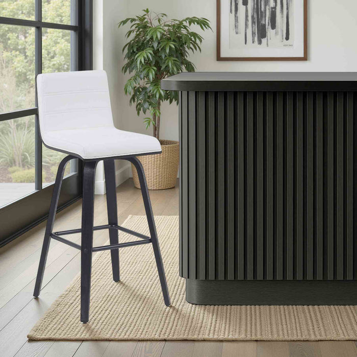 Vienna Modern Swivel Bar Height Stool with Snow White Faux Leather Seat and Black Brushed Wood Frame