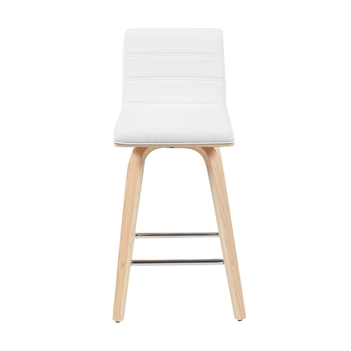 Vienna Modern Counter Height Swivel Bar Stool with White Faux Leather Seat and Patterned Oak Wood Frame