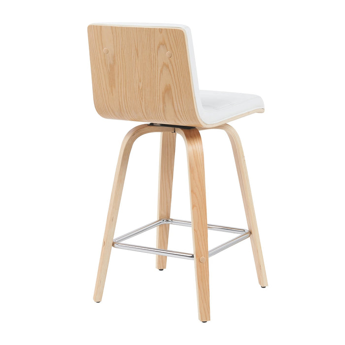 Vienna Modern Counter Height Swivel Bar Stool with White Faux Leather Seat and Patterned Oak Wood Frame