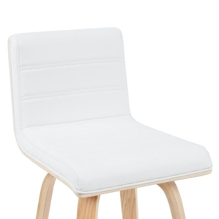 Vienna Modern Counter Height Swivel Bar Stool with White Faux Leather Seat and Patterned Oak Wood Frame