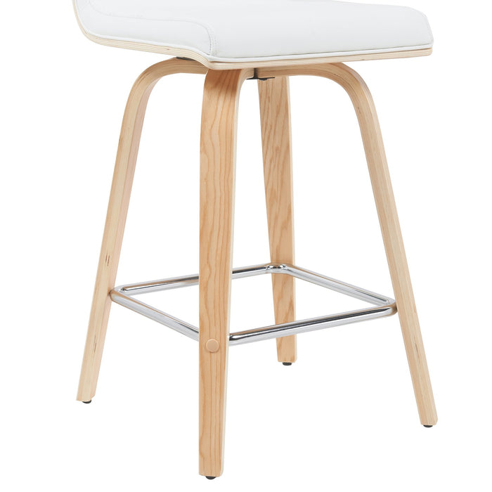 Vienna Modern Counter Height Swivel Bar Stool with White Faux Leather Seat and Patterned Oak Wood Frame