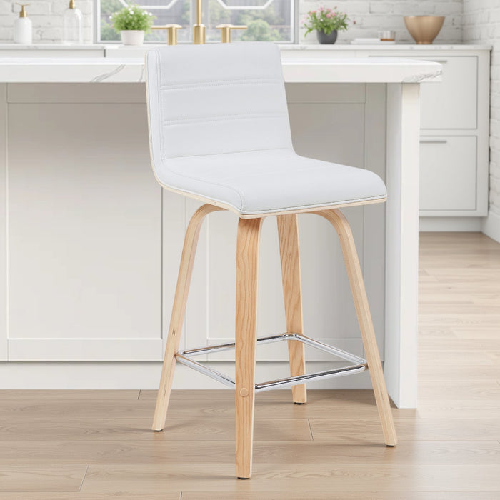 Vienna Modern Counter Height Swivel Bar Stool with White Faux Leather Seat and Patterned Oak Wood Frame