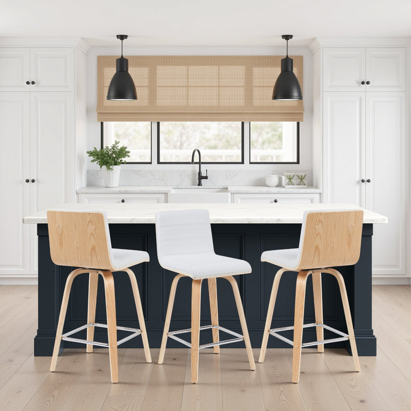 Vienna Modern Counter Height Swivel Bar Stool with White Faux Leather Seat and Patterned Oak Wood Frame - Furniture City (CA)l