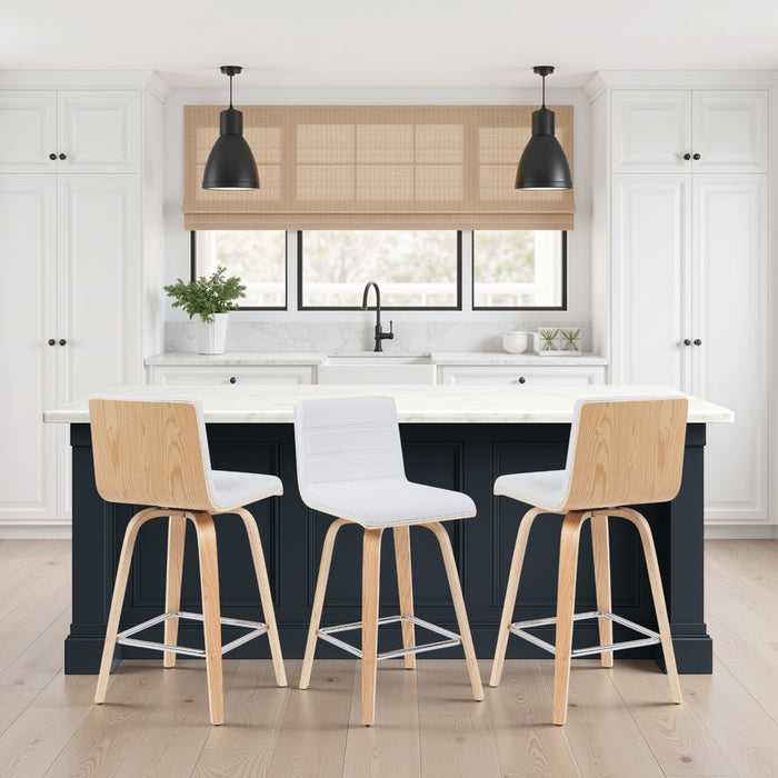 Vienna Modern Counter Height Swivel Bar Stool with White Faux Leather Seat and Patterned Oak Wood Frame
