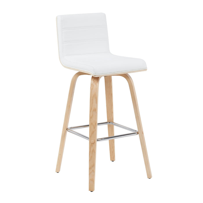 Vienna Modern Swivel Bar Height Stool with White Faux Leather Seat and Patterned Oak Wood Frame