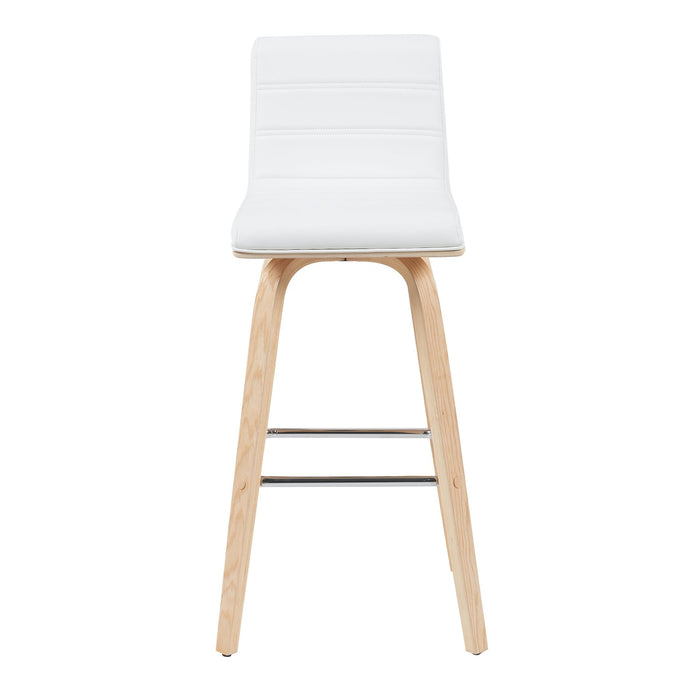 Vienna Modern Swivel Bar Height Stool with White Faux Leather Seat and Patterned Oak Wood Frame
