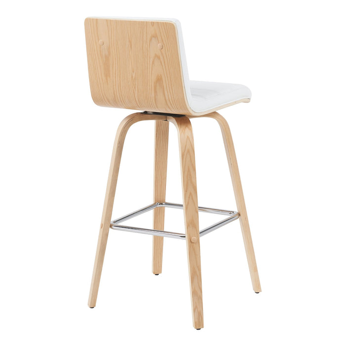 Vienna Modern Swivel Bar Height Stool with White Faux Leather Seat and Patterned Oak Wood Frame