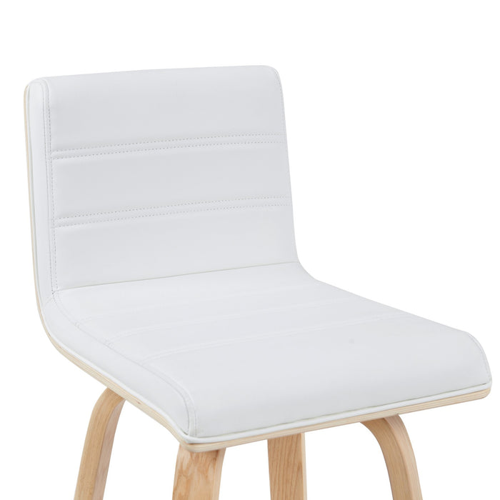 Vienna Modern Swivel Bar Height Stool with White Faux Leather Seat and Patterned Oak Wood Frame