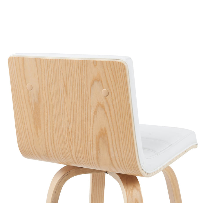 Vienna Modern Swivel Bar Height Stool with White Faux Leather Seat and Patterned Oak Wood Frame