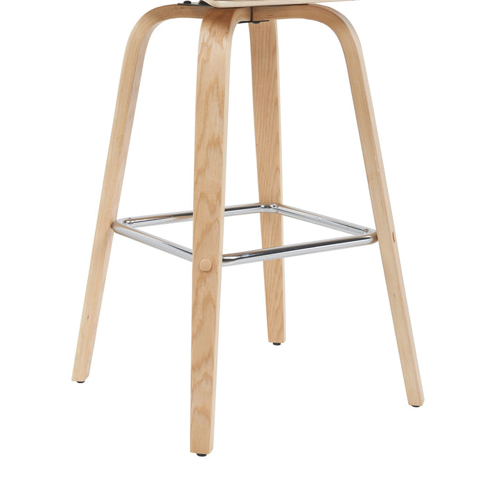 Vienna Modern Swivel Bar Height Stool with White Faux Leather Seat and Patterned Oak Wood Frame