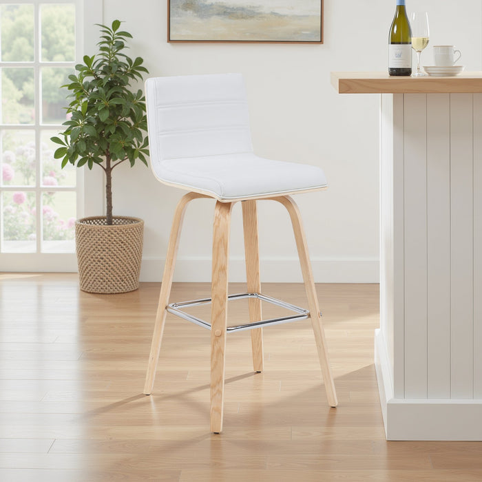 Vienna Modern Swivel Bar Height Stool with White Faux Leather Seat and Patterned Oak Wood Frame