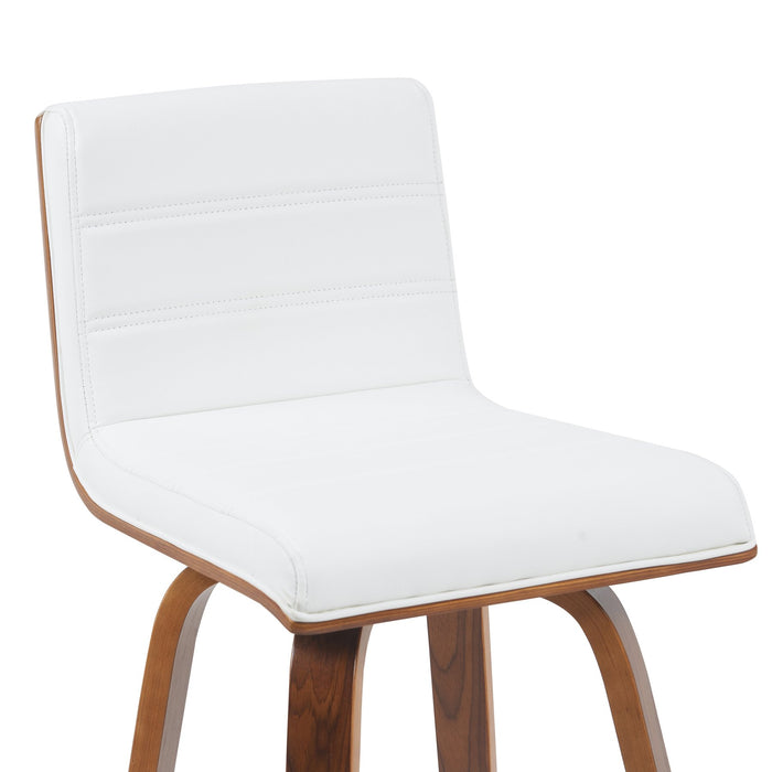 Vienna Modern Counter Height Swivel Bar Stool with Snow White Faux Leather Seat and Walnut Finished Wood Frame