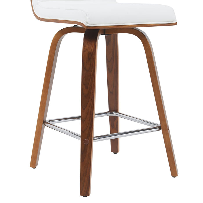 Vienna Modern Counter Height Swivel Bar Stool with Snow White Faux Leather Seat and Walnut Finished Wood Frame