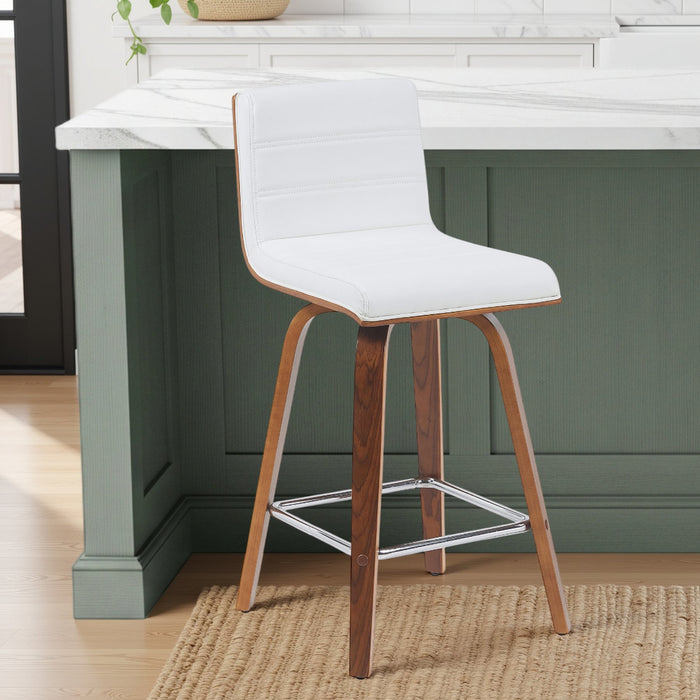 Vienna Modern Counter Height Swivel Bar Stool with Snow White Faux Leather Seat and Walnut Finished Wood Frame