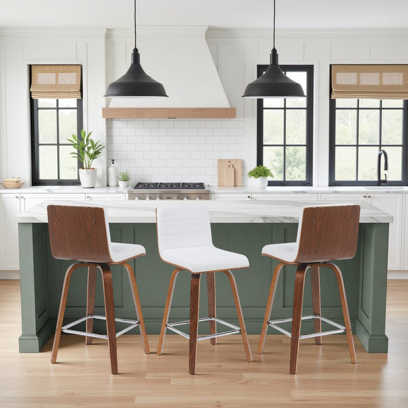 Vienna Modern Counter Height Swivel Bar Stool with Snow White Faux Leather Seat and Walnut Finished Wood Frame - Furniture City (CA)l