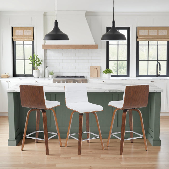 Vienna Modern Counter Height Swivel Bar Stool with Snow White Faux Leather Seat and Walnut Finished Wood Frame