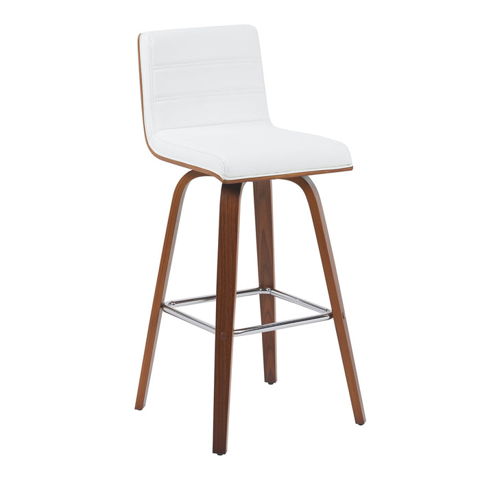 Vienna Modern Swivel Bar Height Stool with Snow White Faux Leather Seat and Walnut Finished Wood Frame