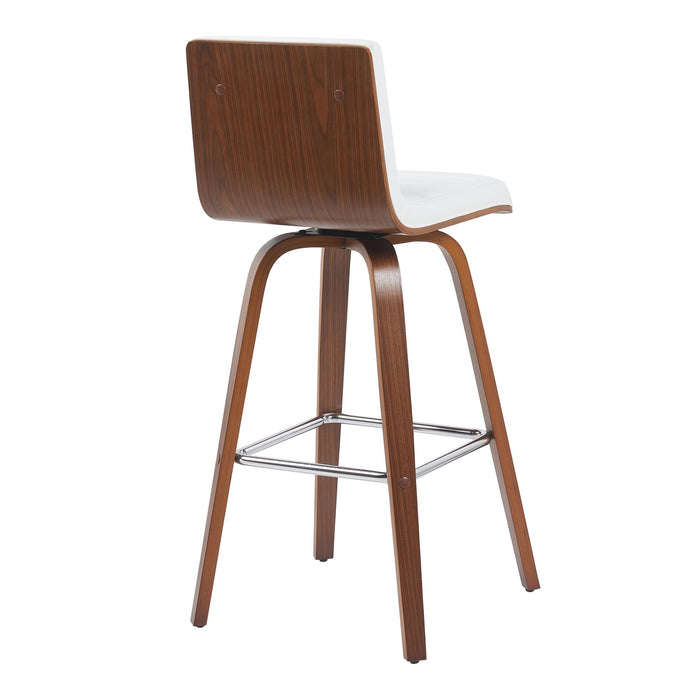 Vienna Modern Swivel Bar Height Stool with Snow White Faux Leather Seat and Walnut Finished Wood Frame