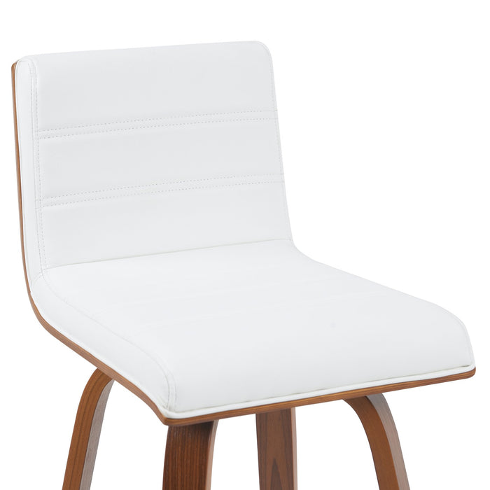 Vienna Modern Swivel Bar Height Stool with Snow White Faux Leather Seat and Walnut Finished Wood Frame