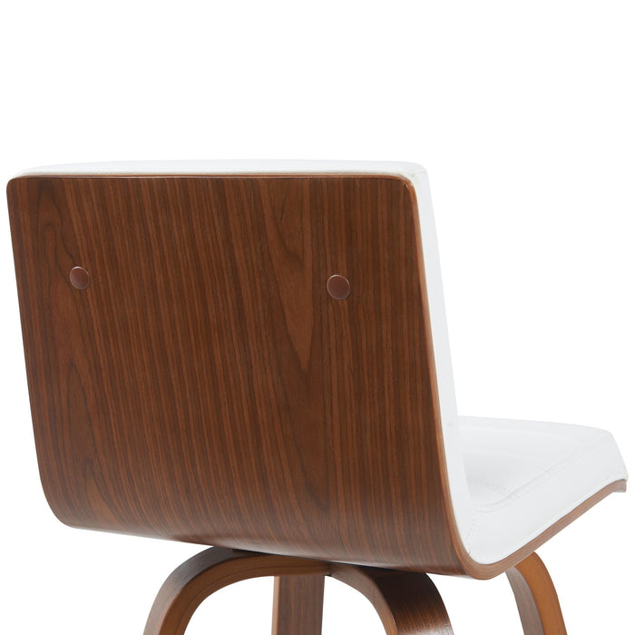 Vienna Modern Swivel Bar Height Stool with Snow White Faux Leather Seat and Walnut Finished Wood Frame