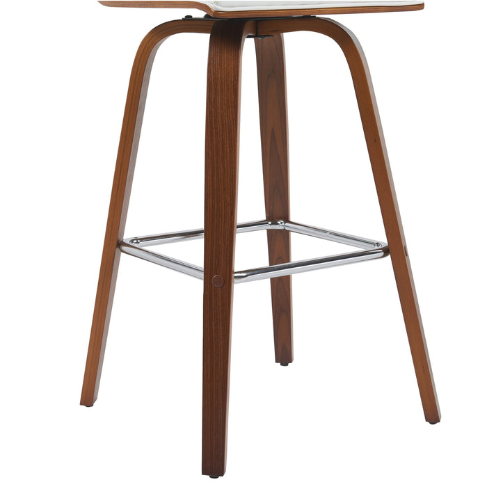 Vienna Modern Swivel Bar Height Stool with Snow White Faux Leather Seat and Walnut Finished Wood Frame