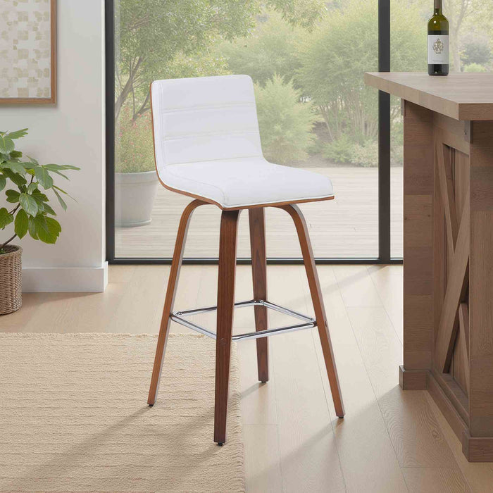 Vienna Modern Swivel Bar Height Stool with Snow White Faux Leather Seat and Walnut Finished Wood Frame