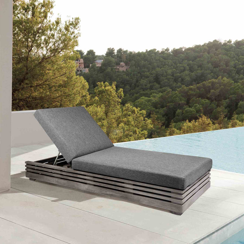 Vivid Outdoor Patio Chaise Lounge Chair in Gray Eucalyptus Wood with Gray Olefin Cushions - Furniture City (CA)l