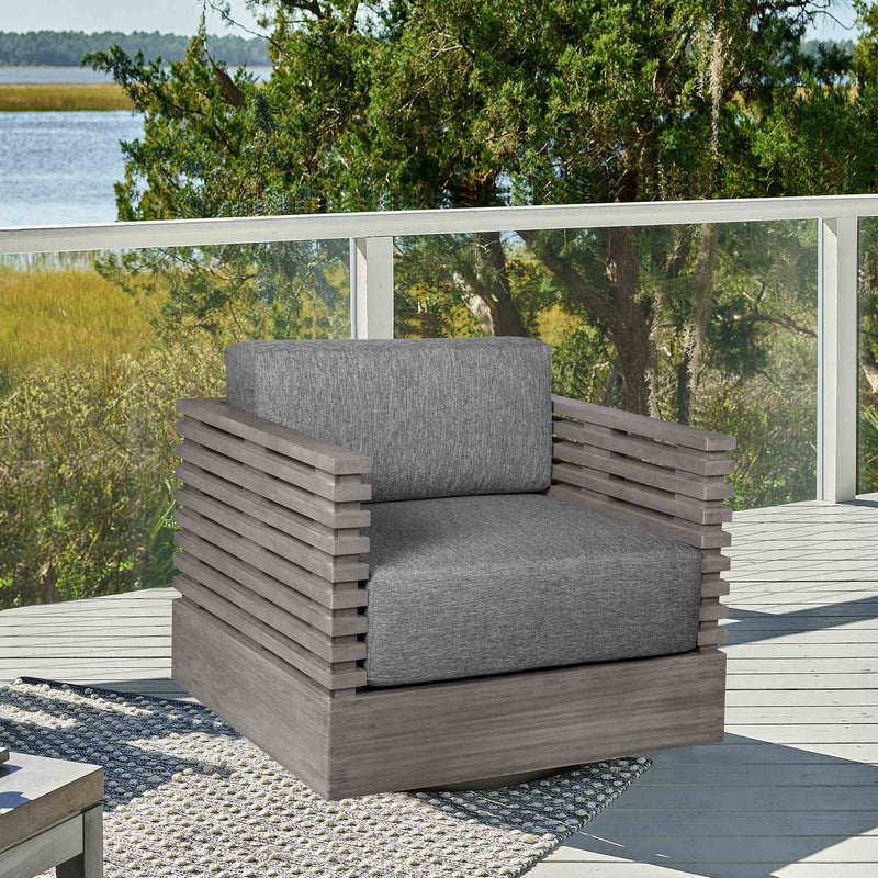 Vivid Swivel Outdoor Patio Chair in Gray Eucalyptus Wood with Gray Olefin Cushions - Furniture City (CA)l