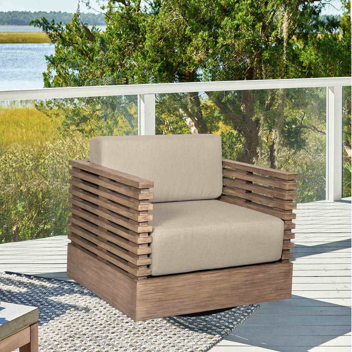 Vivid Swivel Outdoor Patio Chair in Light Eucalyptus Wood with Taupe Olefin Cushions